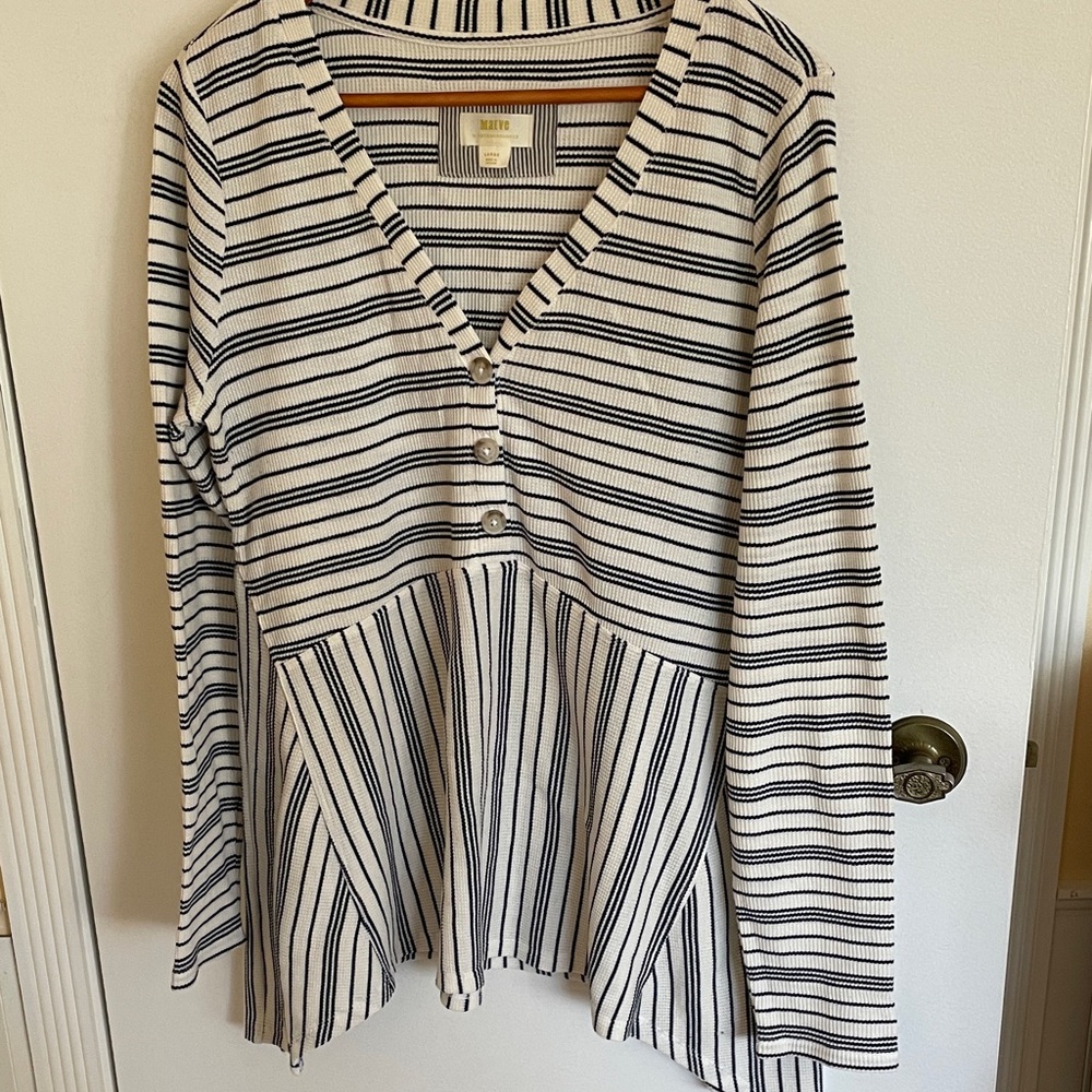 Maeve Black and White Striped Waffle Top Size L
